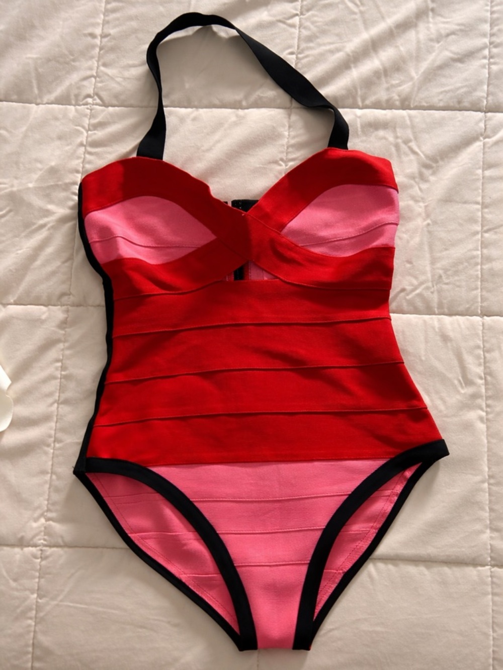 Herve Leger Red and Pink Colorblock Halter One-Piece with Black Trim